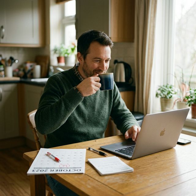 A landlord sitting calmly with coffee and a laptop on rent day.
