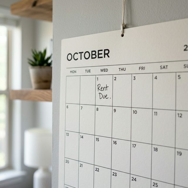 A close-up of a calendar with Rent Due written on the first.