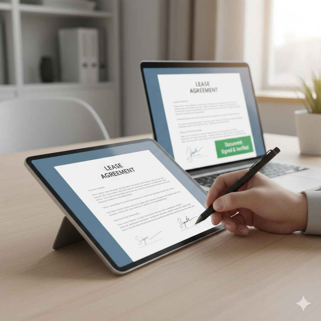 Two people (landlord and tenant) digitally signing a lease agreement on a tablet and laptop, symbolizing a modern, efficient process.