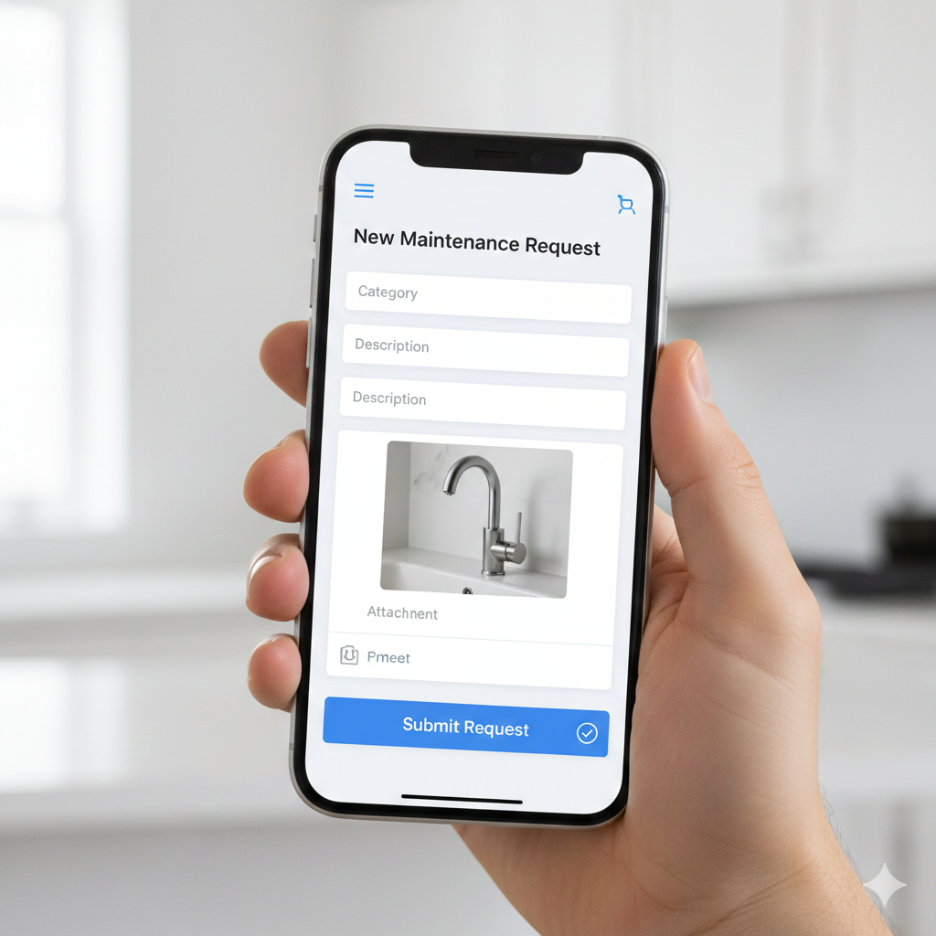 A tenant using a mobile app to submit a maintenance request, including photos of the issue, ensuring clarity and efficiency.