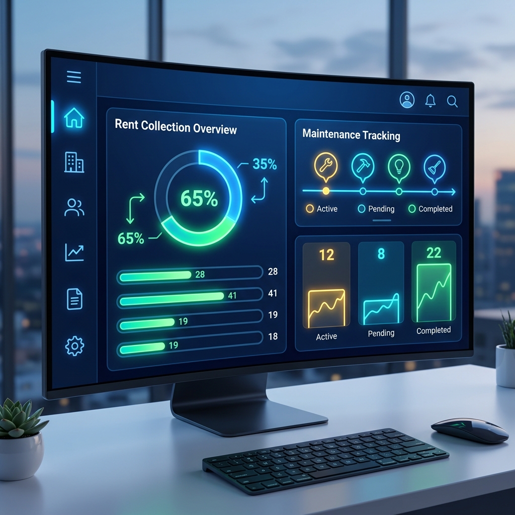 A glowing, futuristic and clean dashboard for property management software, showing rent collection and maintenance tracking on a sleek interface.